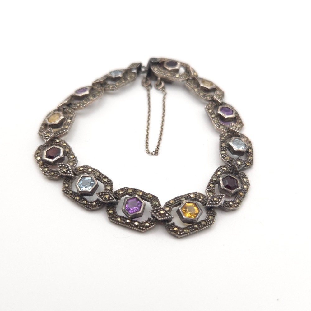 Vintage Sterling Silver Marcasite Multi Gemstone Art Deco Link Bracelet 925 - Picture 3 of 9